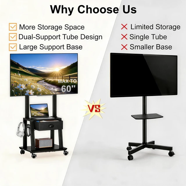 Alt view image 4 of 7 - Mobile TV Stand with Drawer for 23-60 Inch TVs,Tilt Rolling TV Cart on Wheels with 2 Shelves Adjustable Height Portable TV Stand for Bedroom/Living Room Holds up to 50 lbs Max VESA 400x400mm