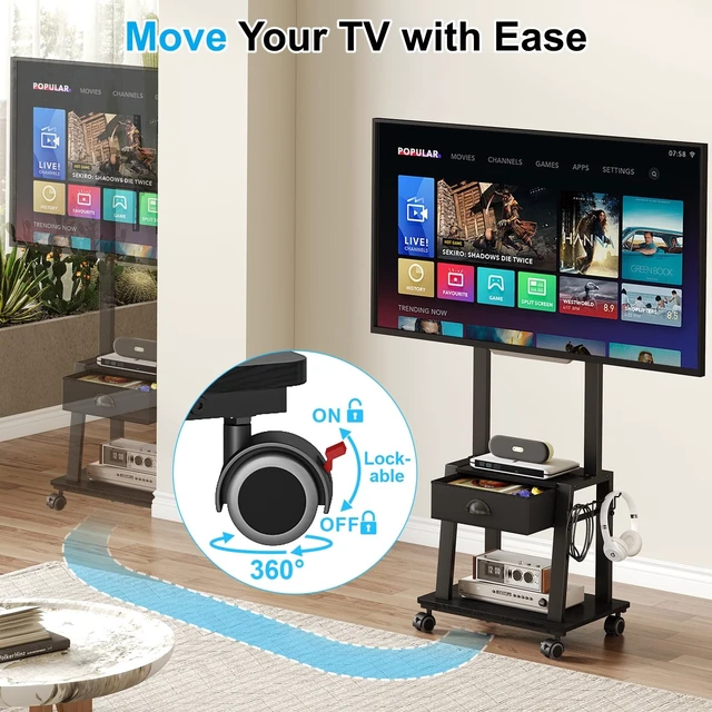 Alt view image 5 of 7 - Mobile TV Stand with Drawer for 23-60 Inch TVs,Tilt Rolling TV Cart on Wheels with 2 Shelves Adjustable Height Portable TV Stand for Bedroom/Living Room Holds up to 50 lbs Max VESA 400x400mm