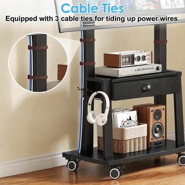 Alt view image 6 of 7 - Mobile TV Stand with Drawer for 23-60 Inch TVs,Tilt Rolling TV Cart on Wheels with 2 Shelves Adjustable Height Portable TV Stand for Bedroom/Living Room Holds up to 50 lbs Max VESA 400x400mm