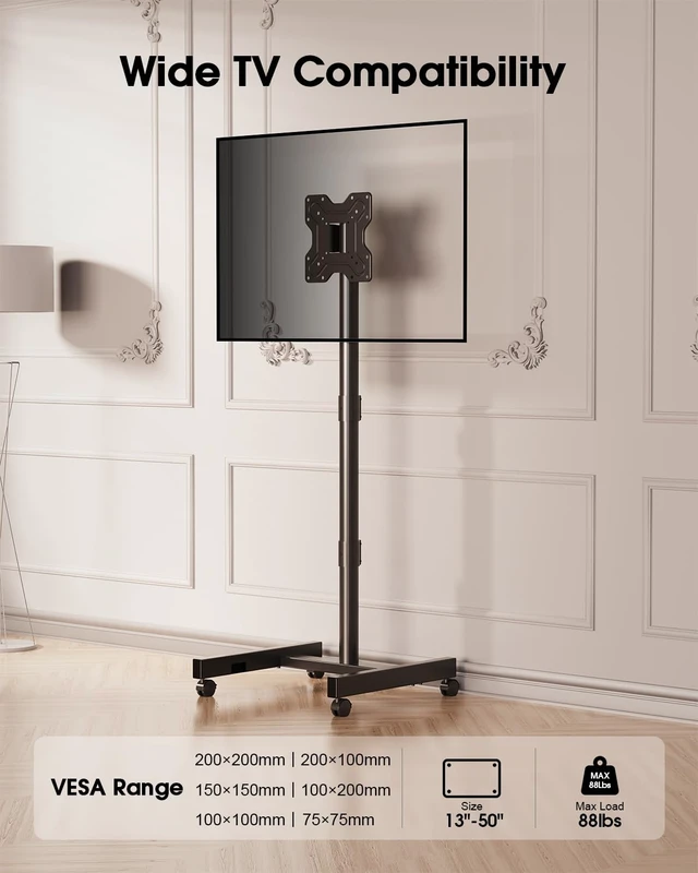Alt view image 4 of 7 - Rolling TV Stand for 13-50 Inch TVs/Screens, Sturdy 50mm Support Pole | 2 Height Adjustable Mobile TV Floor Stand on Wheels up to 88Lbs, Portable TV/Monitor Cart for Bedroom, Outdoor, Office