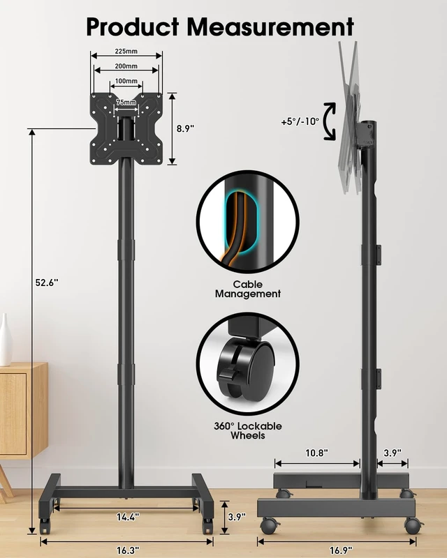 Alt view image 5 of 7 - Rolling TV Stand for 13-50 Inch TVs/Screens, Sturdy 50mm Support Pole | 2 Height Adjustable Mobile TV Floor Stand on Wheels up to 88Lbs, Portable TV/Monitor Cart for Bedroom, Outdoor, Office
