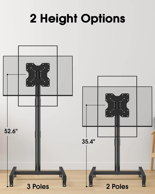 Alt view image 6 of 7 - Rolling TV Stand for 13-50 Inch TVs/Screens, Sturdy 50mm Support Pole | 2 Height Adjustable Mobile TV Floor Stand on Wheels up to 88Lbs, Portable TV/Monitor Cart for Bedroom, Outdoor, Office