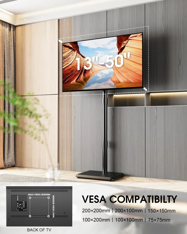Alt view image 2 of 7 - Zontera Floor TV Stand, TV Cart for 13-50 Inch TVs & Monitors up to 88lbs | Wooden Base, Portable TV Stand, Tilt & Height Adjustable Corner TV Stand for Bedroom, Living Room, VESA 200x200mm