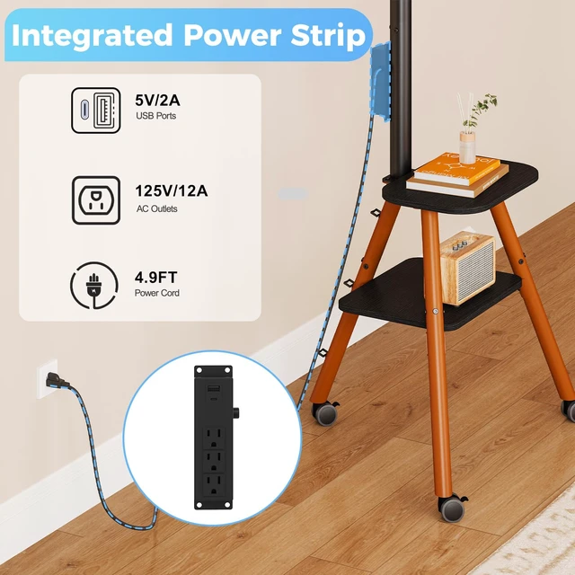 Alt view image 2 of 7 - Rolling Easel TV Stand on Wheels with Power Outlet for 23-65 Inch TVs | Tripod TV Stand with 360° Wheels, 2-Tier Shelves, Adjustable Height & Tilt, Hold up to 80lbs for Bedroom, Max VESA 400x400mm