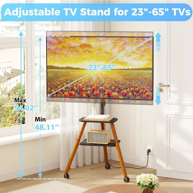 Alt view image 3 of 7 - Rolling Easel TV Stand on Wheels with Power Outlet for 23-65 Inch TVs | Tripod TV Stand with 360° Wheels, 2-Tier Shelves, Adjustable Height & Tilt, Hold up to 80lbs for Bedroom, Max VESA 400x400mm