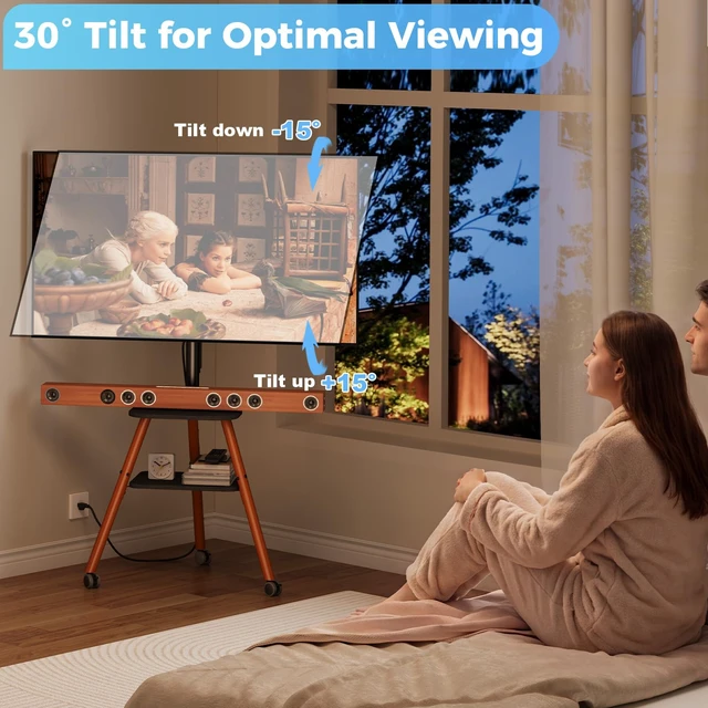 Alt view image 4 of 7 - Rolling Easel TV Stand on Wheels with Power Outlet for 23-65 Inch TVs | Tripod TV Stand with 360° Wheels, 2-Tier Shelves, Adjustable Height & Tilt, Hold up to 80lbs for Bedroom, Max VESA 400x400mm