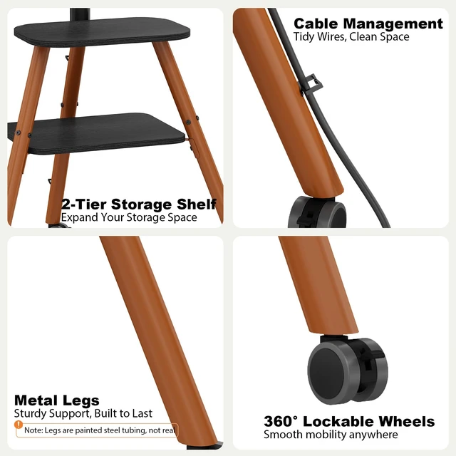 Alt view image 6 of 7 - Rolling Easel TV Stand on Wheels with Power Outlet for 23-65 Inch TVs | Tripod TV Stand with 360° Wheels, 2-Tier Shelves, Adjustable Height & Tilt, Hold up to 80lbs for Bedroom, Max VESA 400x400mm