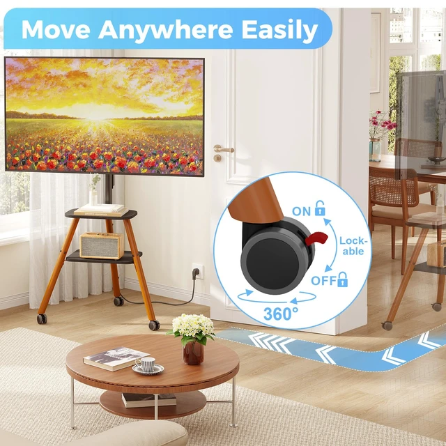 Alt view image 7 of 7 - Rolling Easel TV Stand on Wheels with Power Outlet for 23-65 Inch TVs | Tripod TV Stand with 360° Wheels, 2-Tier Shelves, Adjustable Height & Tilt, Hold up to 80lbs for Bedroom, Max VESA 400x400mm