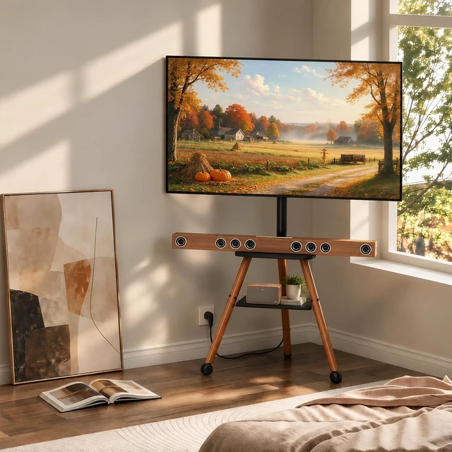 Alt view image 5 of 7 - Rolling Easel TV Stand on Wheels with Power Outlet for 23-65 Inch TVs | Tripod TV Stand with 360° Wheels, 2-Tier Shelves, Adjustable Height & Tilt, Hold up to 80lbs for Bedroom, Max VESA 400x400mm