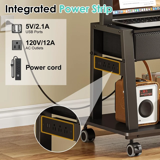 Alt view image 2 of 7 - Rolling TV Stand with Power Outlet,Tilt TV Cart with Drawer for 23-60 inch Flat/Curved Screen Up to 50lbs,Adjustable Height Portable TV Stand on Wheels,for Indoor Outdoor,Max VESA 400x400mm