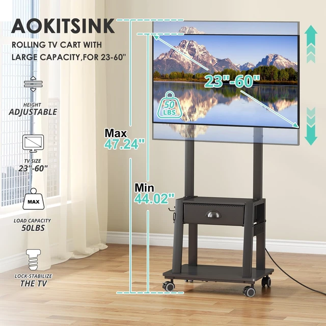Alt view image 3 of 7 - Rolling TV Stand with Power Outlet,Tilt TV Cart with Drawer for 23-60 inch Flat/Curved Screen Up to 50lbs,Adjustable Height Portable TV Stand on Wheels,for Indoor Outdoor,Max VESA 400x400mm