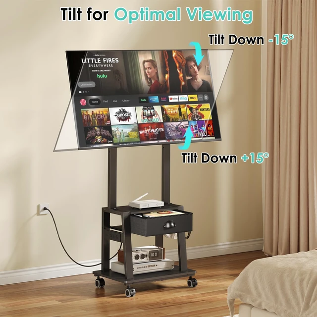 Alt view image 4 of 7 - Rolling TV Stand with Power Outlet,Tilt TV Cart with Drawer for 23-60 inch Flat/Curved Screen Up to 50lbs,Adjustable Height Portable TV Stand on Wheels,for Indoor Outdoor,Max VESA 400x400mm