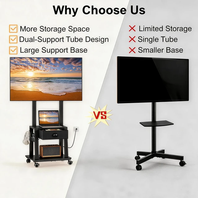 Alt view image 5 of 7 - Rolling TV Stand with Power Outlet,Tilt TV Cart with Drawer for 23-60 inch Flat/Curved Screen Up to 50lbs,Adjustable Height Portable TV Stand on Wheels,for Indoor Outdoor,Max VESA 400x400mm