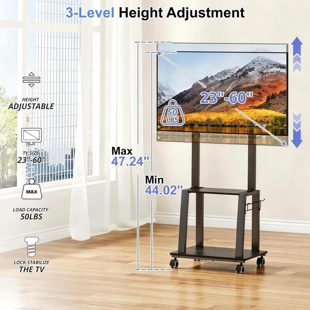 Alt view image 2 of 7 - Rolling TV Stand on Wheels for 23-60Inch Flat/Curved Screen TVs,Tilt Mobile TV Cart with 2 Shelves,Portable TV Stand with Adjustable Height Holds up to 50lbs for Indoor Outdoor Max VESA 400x400mm
