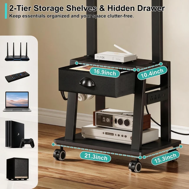 Alt view image 7 of 7 - Rolling TV Stand with Power Outlet,Tilt TV Cart with Drawer for 23-60 inch Flat/Curved Screen Up to 50lbs,Adjustable Height Portable TV Stand on Wheels,for Indoor Outdoor,Max VESA 400x400mm