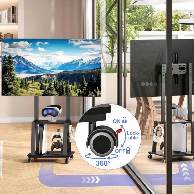 Alt view image 5 of 7 - Rolling TV Stand on Wheels for 23-60Inch Flat/Curved Screen TVs,Tilt Mobile TV Cart with 2 Shelves,Portable TV Stand with Adjustable Height Holds up to 50lbs for Indoor Outdoor Max VESA 400x400mm