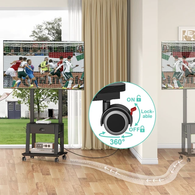 Alt view image 6 of 7 - Rolling TV Stand with Power Outlet,Tilt TV Cart with Drawer for 23-60 inch Flat/Curved Screen Up to 50lbs,Adjustable Height Portable TV Stand on Wheels,for Indoor Outdoor,Max VESA 400x400mm
