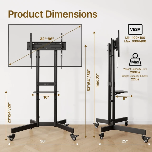 Alt view image 7 of 7 - Upgraded Rolling TV Stand with Shelf for 32-86inch TVs up to 200lbs | 3 Height Options 53-56", Tilt +5° to -10°, Lockable Wheels, Max VESA 600x400mm, Easy Install, Living Room, Bedroom, Meeting