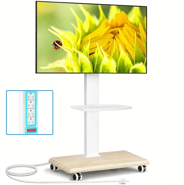 Main image of Rfiver Rolling TV Stand 32-75 Inch with Power Outlet and Shelf, White | Mobile TV Stand Holds up to 110 lbs, Portable TV Stand on Wheels, Swivel & Tilt TV Stand with Wheels for Bedroom Living Room