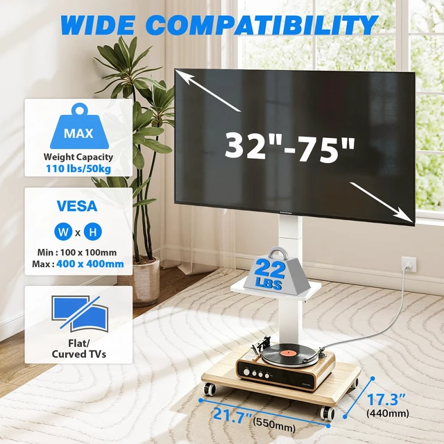 Alt view image 2 of 7 - Rfiver Rolling TV Stand 32-75 Inch with Power Outlet and Shelf, White | Mobile TV Stand Holds up to 110 lbs, Portable TV Stand on Wheels, Swivel & Tilt TV Stand with Wheels for Bedroom Living Room