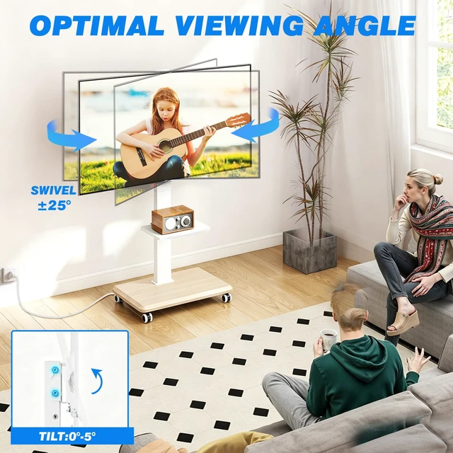 Alt view image 5 of 7 - Rfiver Rolling TV Stand 32-75 Inch with Power Outlet and Shelf, White | Mobile TV Stand Holds up to 110 lbs, Portable TV Stand on Wheels, Swivel & Tilt TV Stand with Wheels for Bedroom Living Room