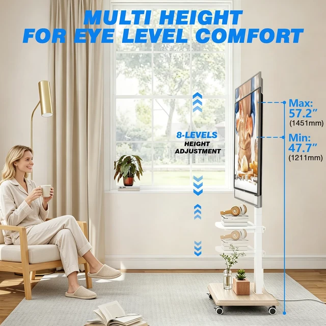 Alt view image 4 of 7 - Rfiver Rolling TV Stand 32-75 Inch with Power Outlet and Shelf, White | Mobile TV Stand Holds up to 110 lbs, Portable TV Stand on Wheels, Swivel & Tilt TV Stand with Wheels for Bedroom Living Room