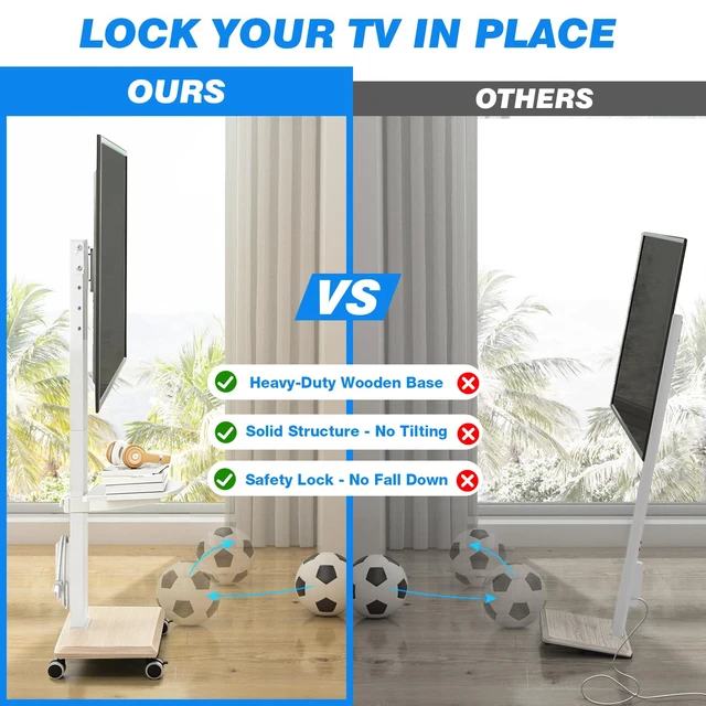 Alt view image 7 of 7 - Rfiver Rolling TV Stand 32-75 Inch with Power Outlet and Shelf, White | Mobile TV Stand Holds up to 110 lbs, Portable TV Stand on Wheels, Swivel & Tilt TV Stand with Wheels for Bedroom Living Room