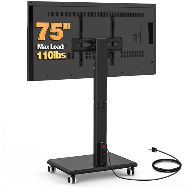 Alt view image 2 of 7 - 5Rcom Rolling Floor TV Stand with Built-in Power Outlet,Height Adjustable Swivel Freestanding TV Mount with 2'' Nylon Casters, Wood Base for 32-75 Inch TVs up to 110lbs MaxVESA400×400mm