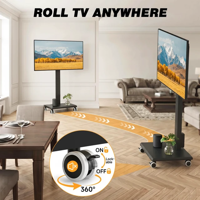 Alt view image 6 of 7 - 5Rcom Rolling Floor TV Stand with Built-in Power Outlet,Height Adjustable Swivel Freestanding TV Mount with 2'' Nylon Casters, Wood Base for 32-75 Inch TVs up to 110lbs MaxVESA400×400mm