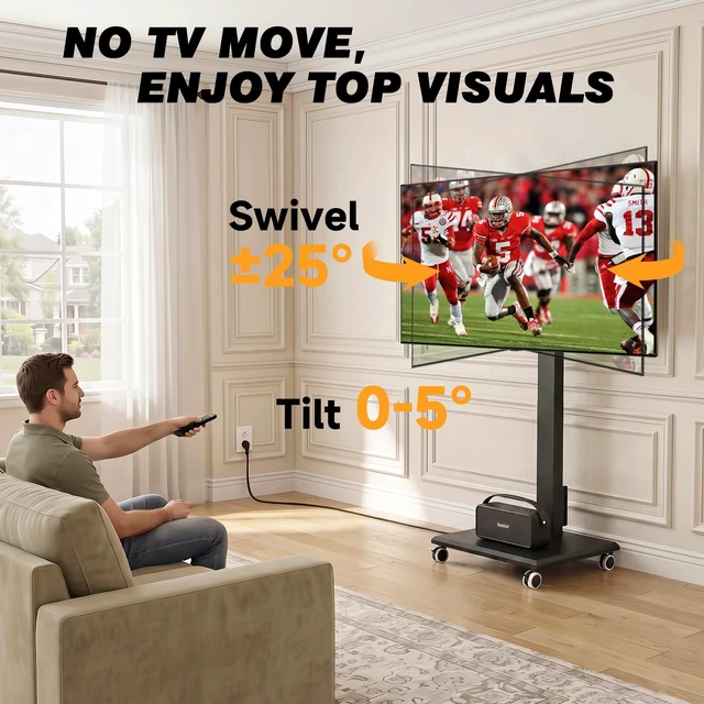 Alt view image 4 of 7 - 5Rcom Rolling Floor TV Stand with Built-in Power Outlet,Height Adjustable Swivel Freestanding TV Mount with 2'' Nylon Casters, Wood Base for 32-75 Inch TVs up to 110lbs MaxVESA400×400mm