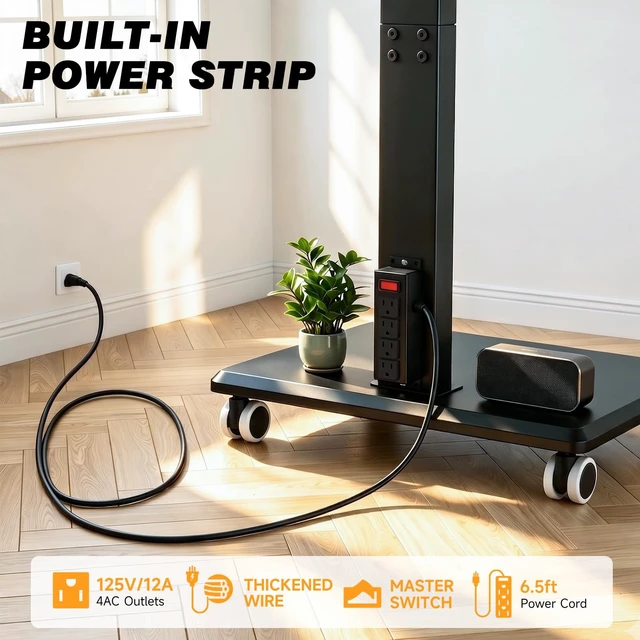 Alt view image 5 of 7 - 5Rcom Rolling Floor TV Stand with Built-in Power Outlet,Height Adjustable Swivel Freestanding TV Mount with 2'' Nylon Casters, Wood Base for 32-75 Inch TVs up to 110lbs MaxVESA400×400mm