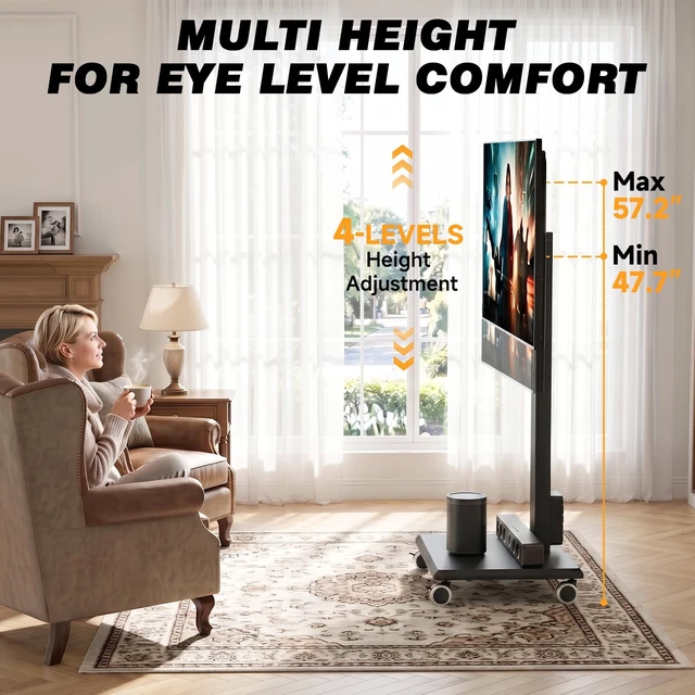 Alt view image 7 of 7 - 5Rcom Rolling Floor TV Stand with Built-in Power Outlet,Height Adjustable Swivel Freestanding TV Mount with 2'' Nylon Casters, Wood Base for 32-75 Inch TVs up to 110lbs MaxVESA400×400mm