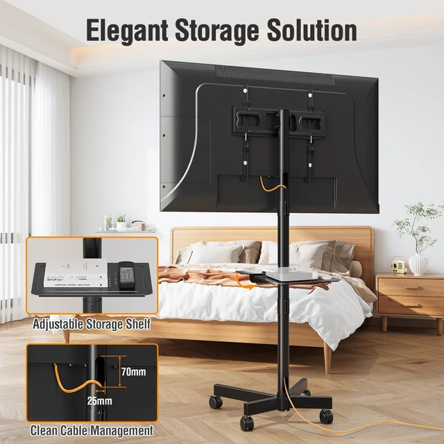 Alt view image 6 of 7 - ELIVED Mobile TV Stand for 23-60" TVs, VESA 400x400, 77 Lbs Load | Adjustable shelf and locking wheels, flexible tilt design, portable rolling floor stand for home and office daily use