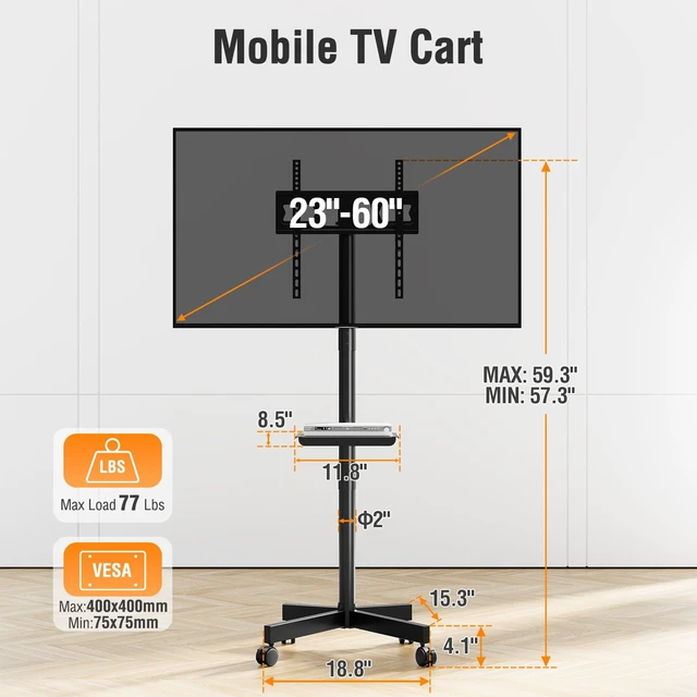 Alt view image 7 of 7 - ELIVED Mobile TV Stand for 23-60" TVs, VESA 400x400, 77 Lbs Load | Adjustable shelf and locking wheels, flexible tilt design, portable rolling floor stand for home and office daily use