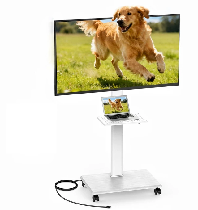 Main image of GOJOOASIS Rolling TV Stand with Power Outlet for 32-75 Inch Screens (White) | Mobile TV Cart w/ 2 AC Outlets & 2 USB Ports,Wooden Base,5-level Height Adjustment Media Stand Holds Up to 132 LBS