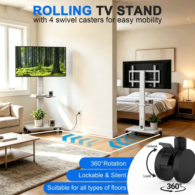 Alt view image 3 of 7 - GOJOOASIS Rolling TV Stand with Power Outlet for 32-75 Inch Screens (White) | Mobile TV Cart w/ 2 AC Outlets & 2 USB Ports,Wooden Base,5-level Height Adjustment Media Stand Holds Up to 132 LBS