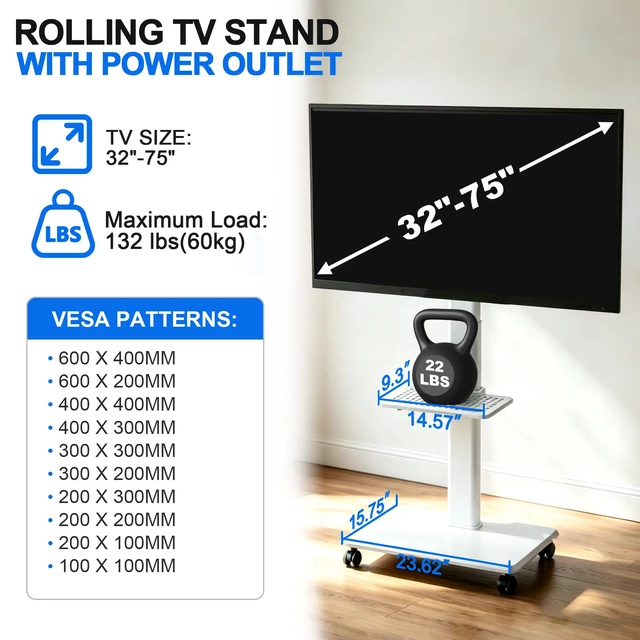Alt view image 5 of 7 - GOJOOASIS Rolling TV Stand with Power Outlet for 32-75 Inch Screens (White) | Mobile TV Cart w/ 2 AC Outlets & 2 USB Ports,Wooden Base,5-level Height Adjustment Media Stand Holds Up to 132 LBS