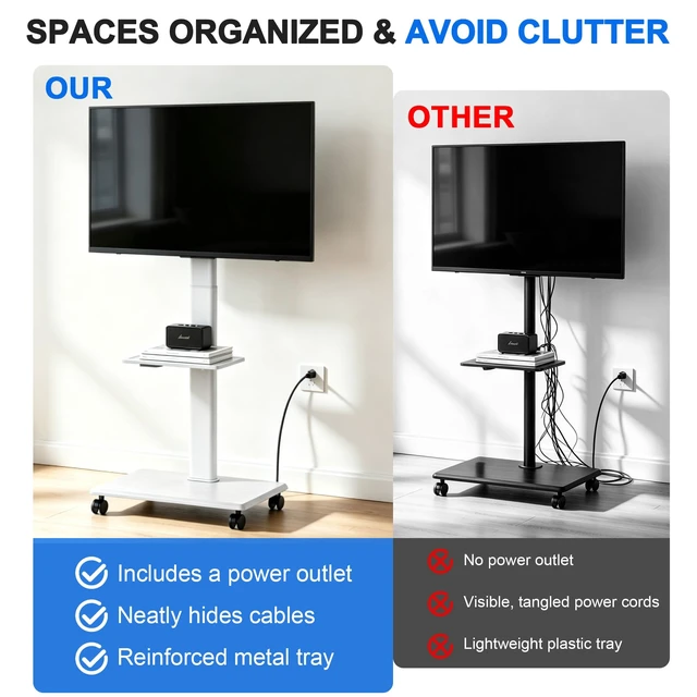 Alt view image 4 of 7 - GOJOOASIS Rolling TV Stand with Power Outlet for 32-75 Inch Screens (White) | Mobile TV Cart w/ 2 AC Outlets & 2 USB Ports,Wooden Base,5-level Height Adjustment Media Stand Holds Up to 132 LBS