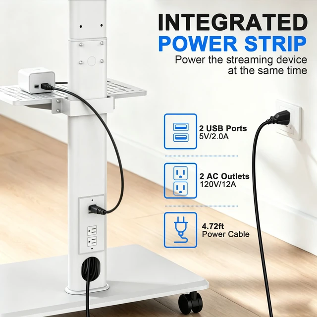 Alt view image 6 of 7 - GOJOOASIS Rolling TV Stand with Power Outlet for 32-75 Inch Screens (White) | Mobile TV Cart w/ 2 AC Outlets & 2 USB Ports,Wooden Base,5-level Height Adjustment Media Stand Holds Up to 132 LBS