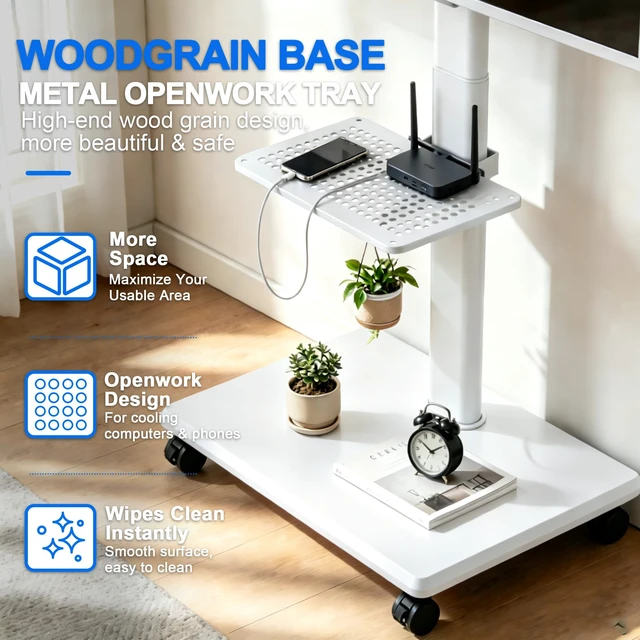 Alt view image 7 of 7 - GOJOOASIS Rolling TV Stand with Power Outlet for 32-75 Inch Screens (White) | Mobile TV Cart w/ 2 AC Outlets & 2 USB Ports,Wooden Base,5-level Height Adjustment Media Stand Holds Up to 132 LBS
