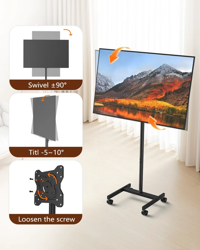 Alt view image 3 of 7 - Afaloona Rolling TV Stand for 13-55" TVs, Portrait and Landscape Rotation | Compact portable TV cart with tilt adjustment, up to 44 lbs, Max VESA 200×200mm for monitors, TVs, Living Room and Outside