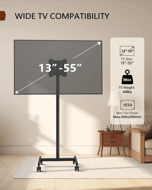 Alt view image 2 of 7 - Afaloona Rolling TV Stand for 13-55" TVs, Portrait and Landscape Rotation | Compact portable TV cart with tilt adjustment, up to 44 lbs, Max VESA 200×200mm for monitors, TVs, Living Room and Outside