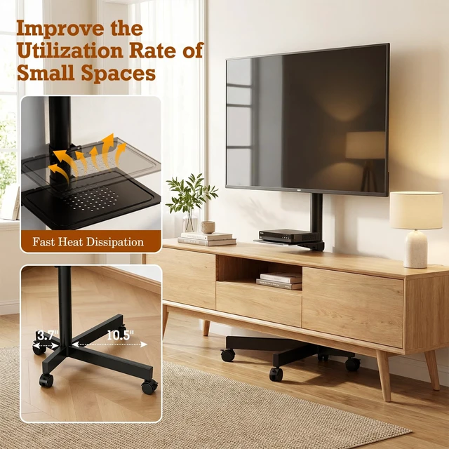 Alt view image 5 of 7 - SIMINGTEC Rolling TV Stand with Wheels for 23-60 Inch Flat Curved TVs | Height Adjustable Mobile TV Cart with Tilt Mount and Shelf, Outdoor TV Stand Holds up to 88 lbs, Max VESA 400x400mm