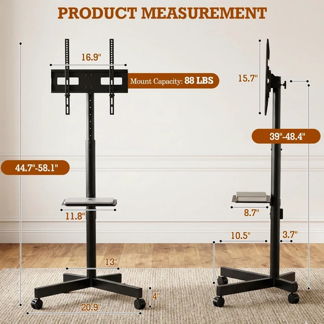 Alt view image 7 of 7 - SIMINGTEC Rolling TV Stand with Wheels for 23-60 Inch Flat Curved TVs | Height Adjustable Mobile TV Cart with Tilt Mount and Shelf, Outdoor TV Stand Holds up to 88 lbs, Max VESA 400x400mm