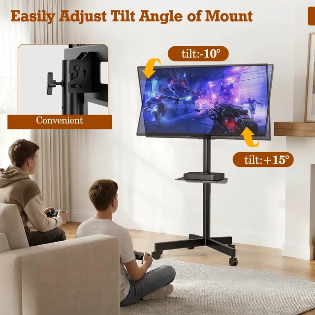 Alt view image 3 of 7 - SIMINGTEC Rolling TV Stand with Wheels for 23-60 Inch Flat Curved TVs | Height Adjustable Mobile TV Cart with Tilt Mount and Shelf, Outdoor TV Stand Holds up to 88 lbs, Max VESA 400x400mm