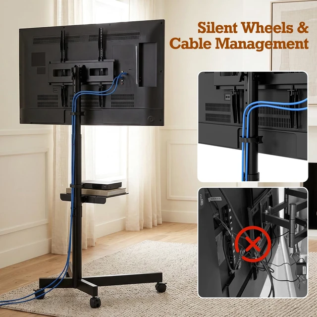 Alt view image 6 of 7 - SIMINGTEC Rolling TV Stand with Wheels for 23-60 Inch Flat Curved TVs | Height Adjustable Mobile TV Cart with Tilt Mount and Shelf, Outdoor TV Stand Holds up to 88 lbs, Max VESA 400x400mm