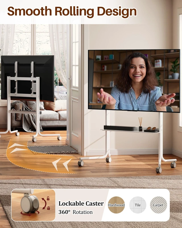 Alt view image 3 of 7 - Mobile TV Cart Easel Rolling TV Stand with Soundbar Shelf for 32 to 75 Inch Screens, Modern Floor TV Mount with 360° Wheels, Portable Floor TVs Stand Hold Up to 110 Lbs Max VESA 600x600 (White)