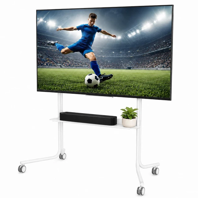 Main image of Mobile TV Cart Easel Rolling TV Stand with Soundbar Shelf for 32 to 75 Inch Screens, Modern Floor TV Mount with 360° Wheels, Portable Floor TVs Stand Hold Up to 110 Lbs Max VESA 600x600 (White)