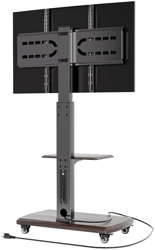 Main image of OUKMIC Rolling TV Stand with Power Outlet for 32 to 80 inch TVs, Brown | Up to 131lbs, Height Adjustable, Spacious Shelf, for Living Room, Bedroom, Office, Moveable TV Cart on Wheels