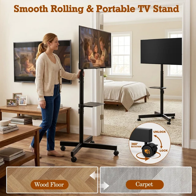 Alt view image 4 of 7 - SIMINGTEC Rolling TV Stand with Wheels for 23-60 Inch Flat Curved TVs | Height Adjustable Mobile TV Cart with Tilt Mount and Shelf, Outdoor TV Stand Holds up to 88 lbs, Max VESA 400x400mm